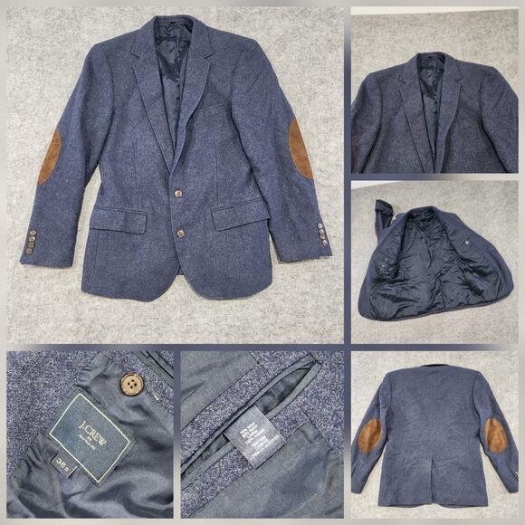 J Crew Charcoal Slate Blue Tweed Leather Elbow Patch Two Button Sport Coat 38 S - Picture 1 of 16